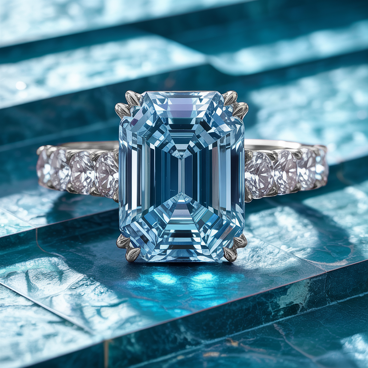 Blue Moissanite Diamond Engagement Ring – 3CT Emerald Cut with 