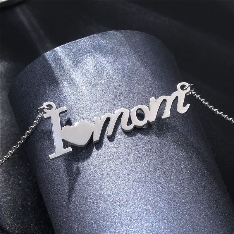 I Love Mom Script Pendant Necklace - Stainless Steel