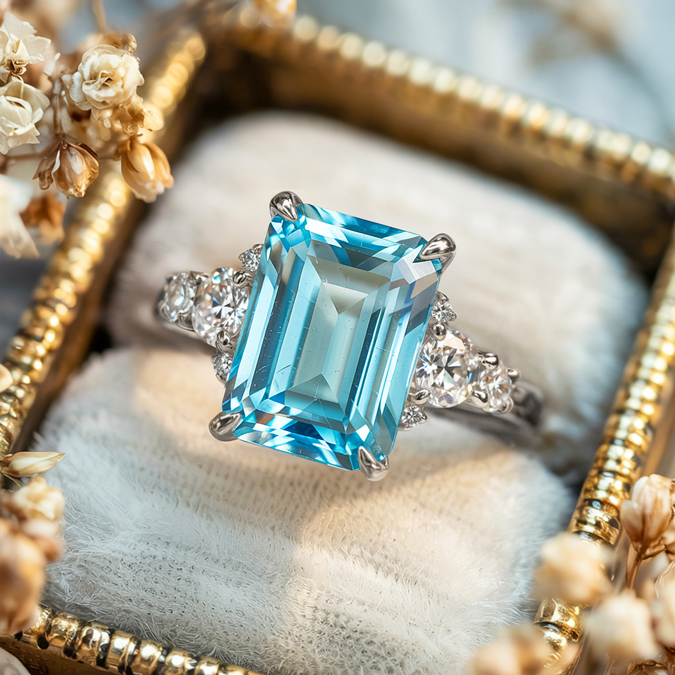 The Bella Jewel 3CT Emerald Cut Blue Moissanite Ring