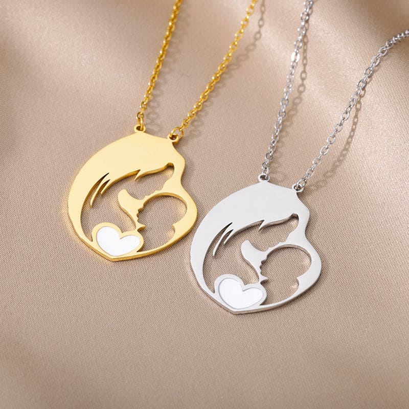 Mother's Embrace Heart Pendant Necklace - Stainless Steel