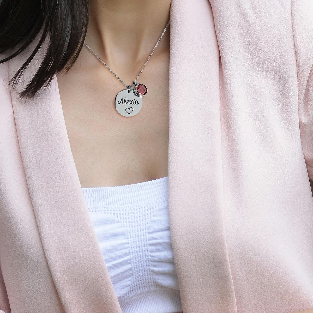 Personalized Name Engraved Disc Birthstone Pendant Necklace - Stainless Steel