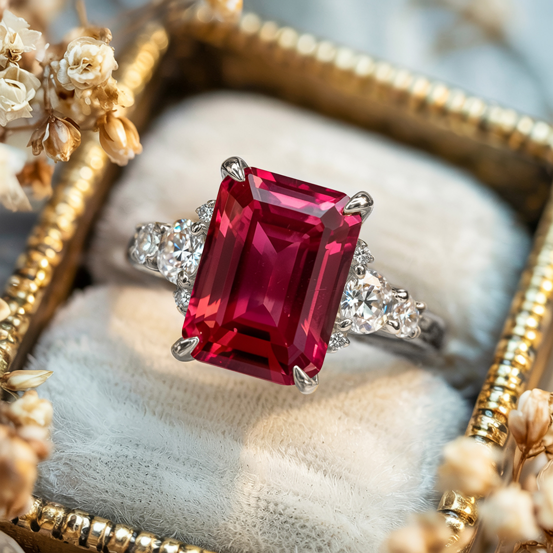 The Bella Jewel 3CT Emerald Cut Red Moissanite Ring