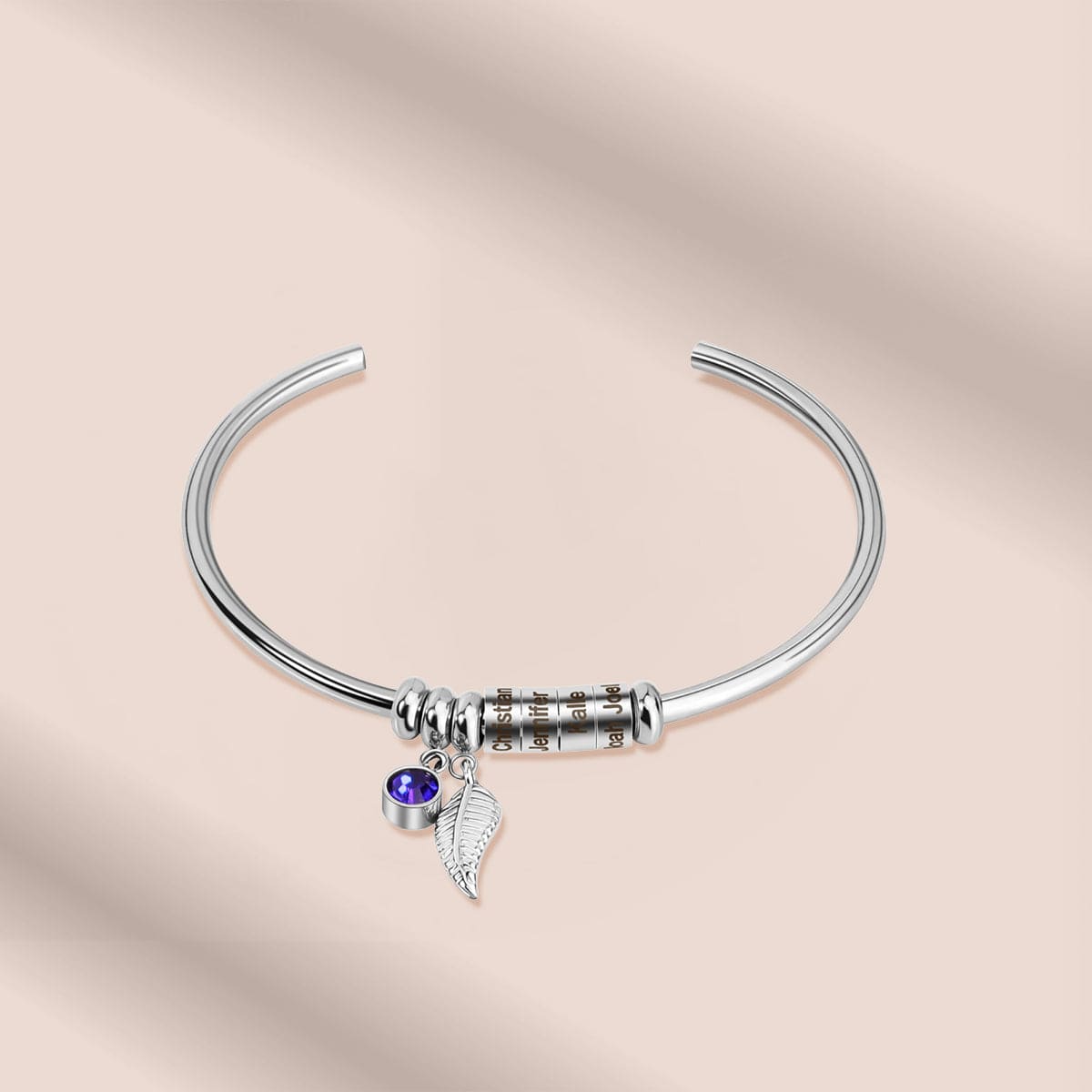 Personalized Birthstone Beads and Family Names Bangle Bracelet - Stainless Steel