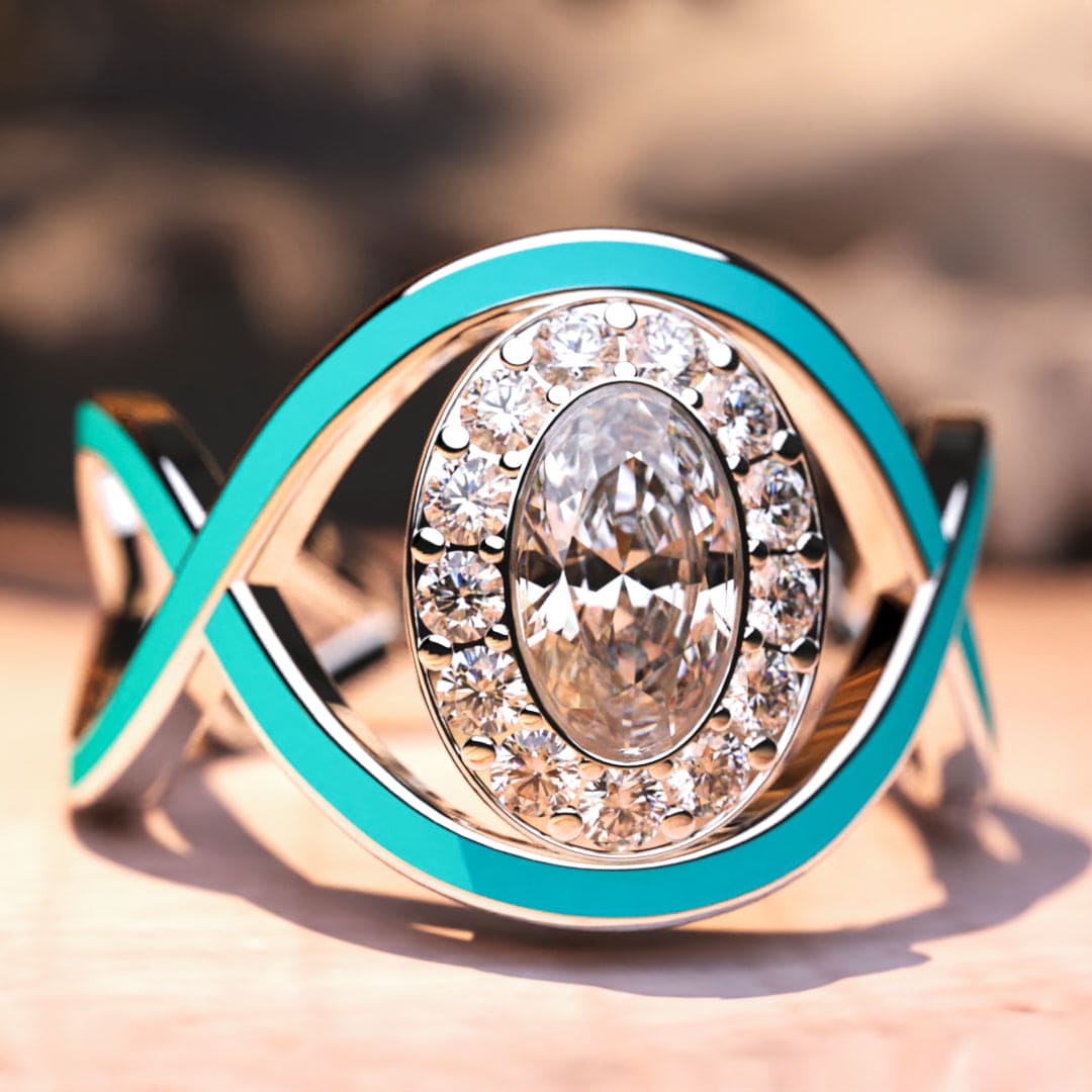 Ondas turquesas: anillo de diamantes con corte de ópalo - Plata de ley S925 