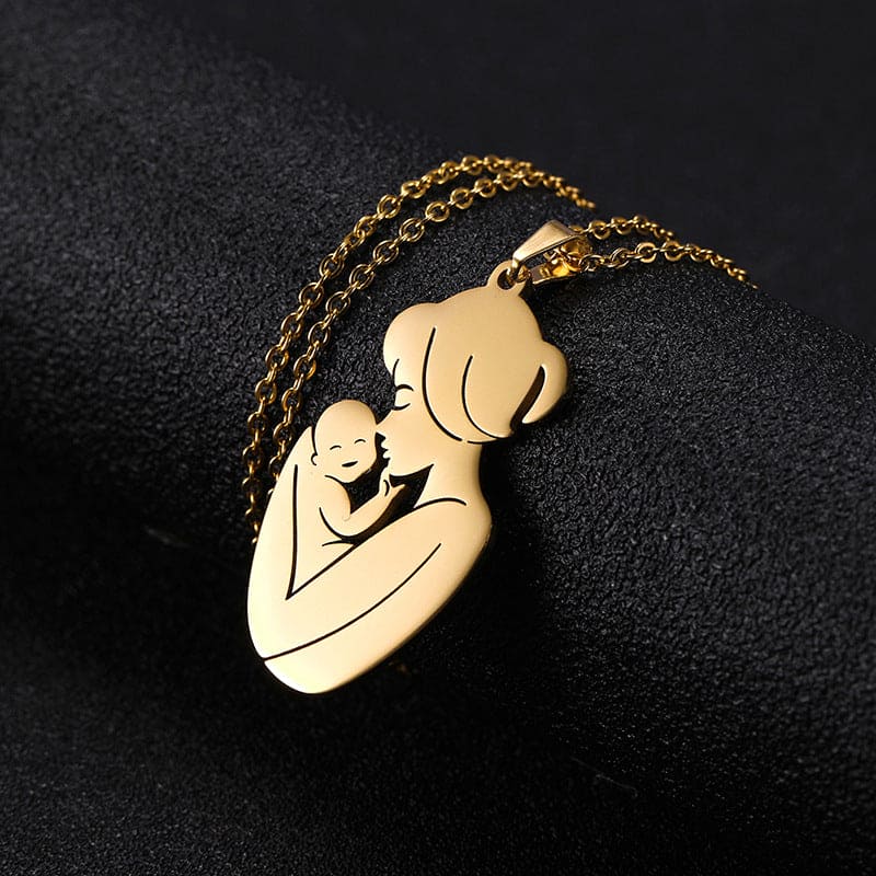 Embracing Mother and Child Pendant Necklace - Stainless Steel