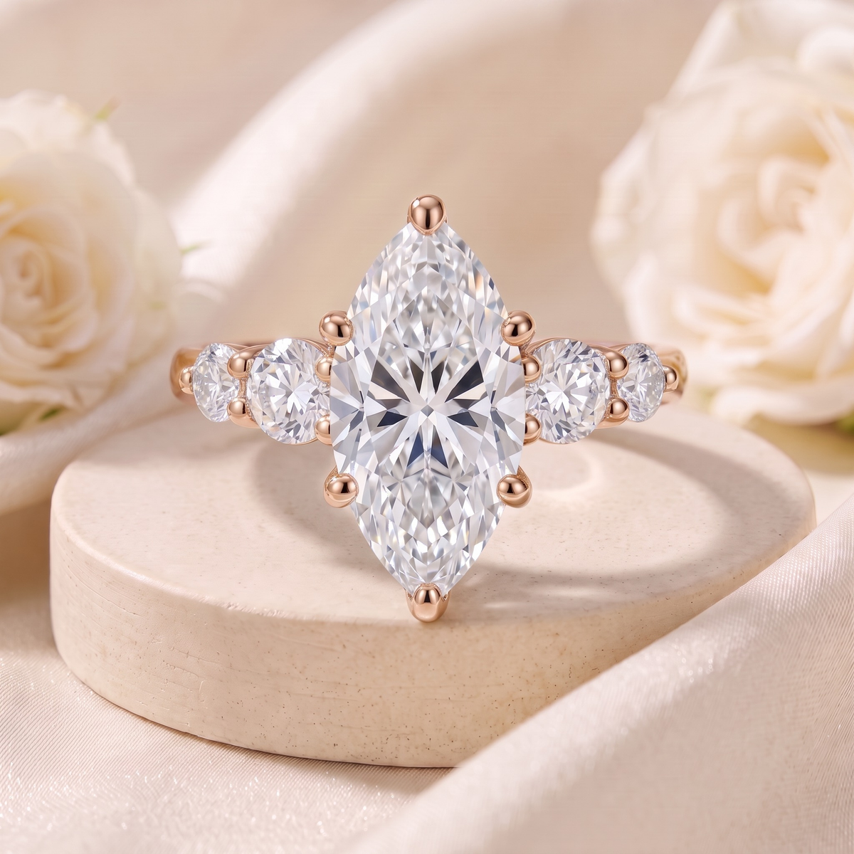 Marquise-cut moissanite ring in rose gold with round side stones, front product view.