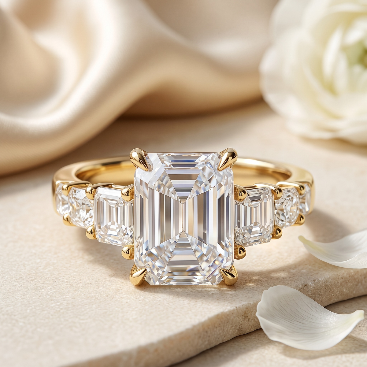 The Nora Jane emerald-cut moissanite ring in yellow gold, front product view.