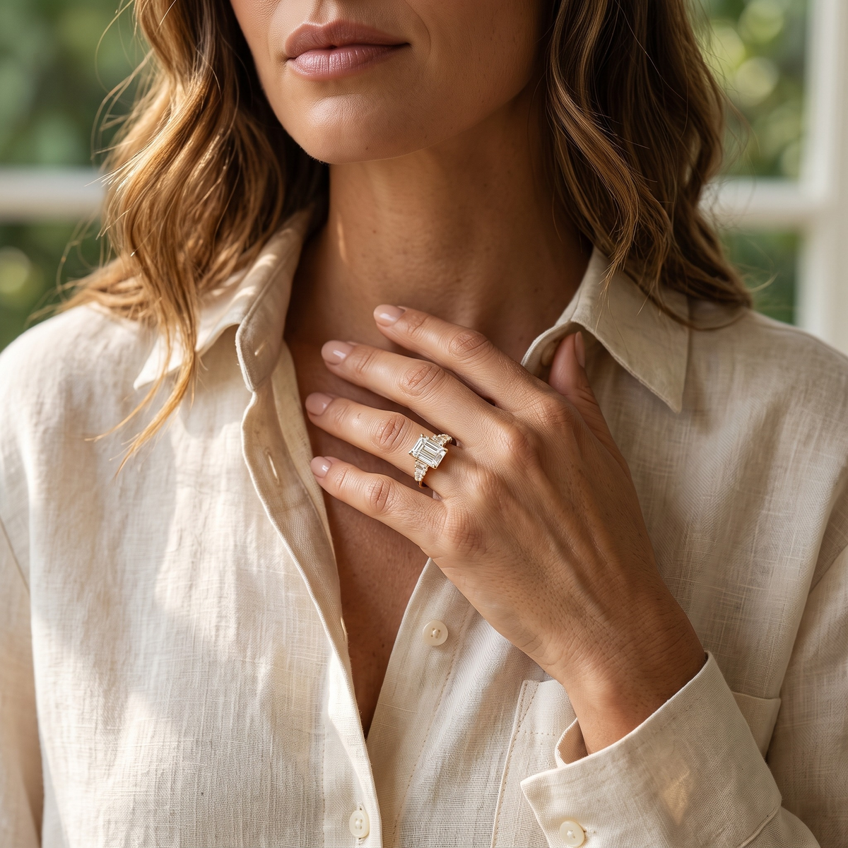 Yellow-gold Nora Jane ring worn on a model's hand near her collar.