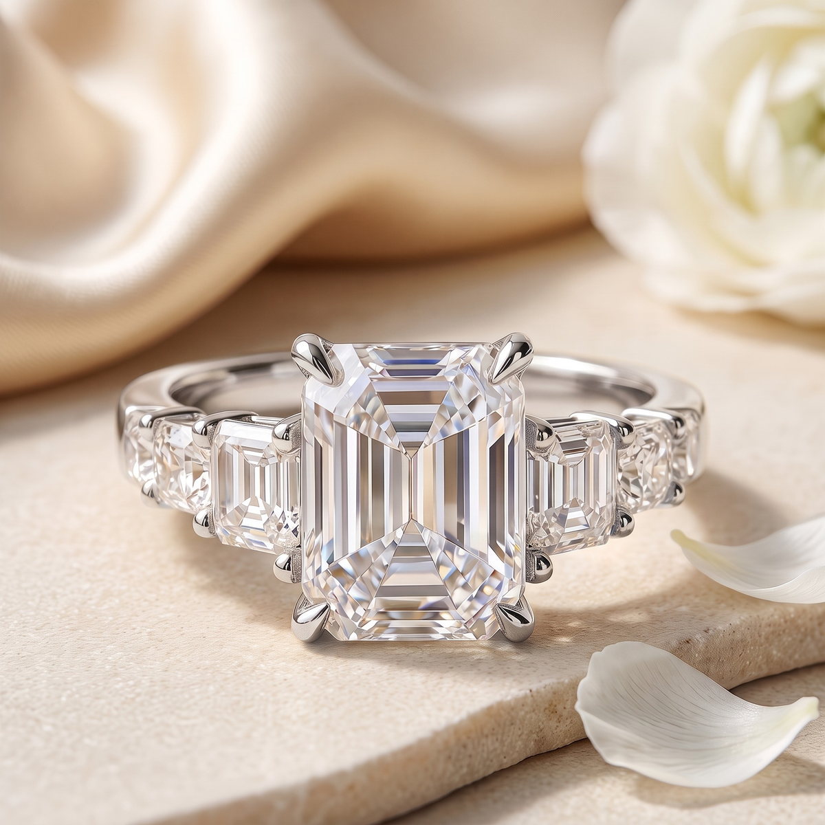 The Nora Jane emerald-cut moissanite ring in silver, front product view.