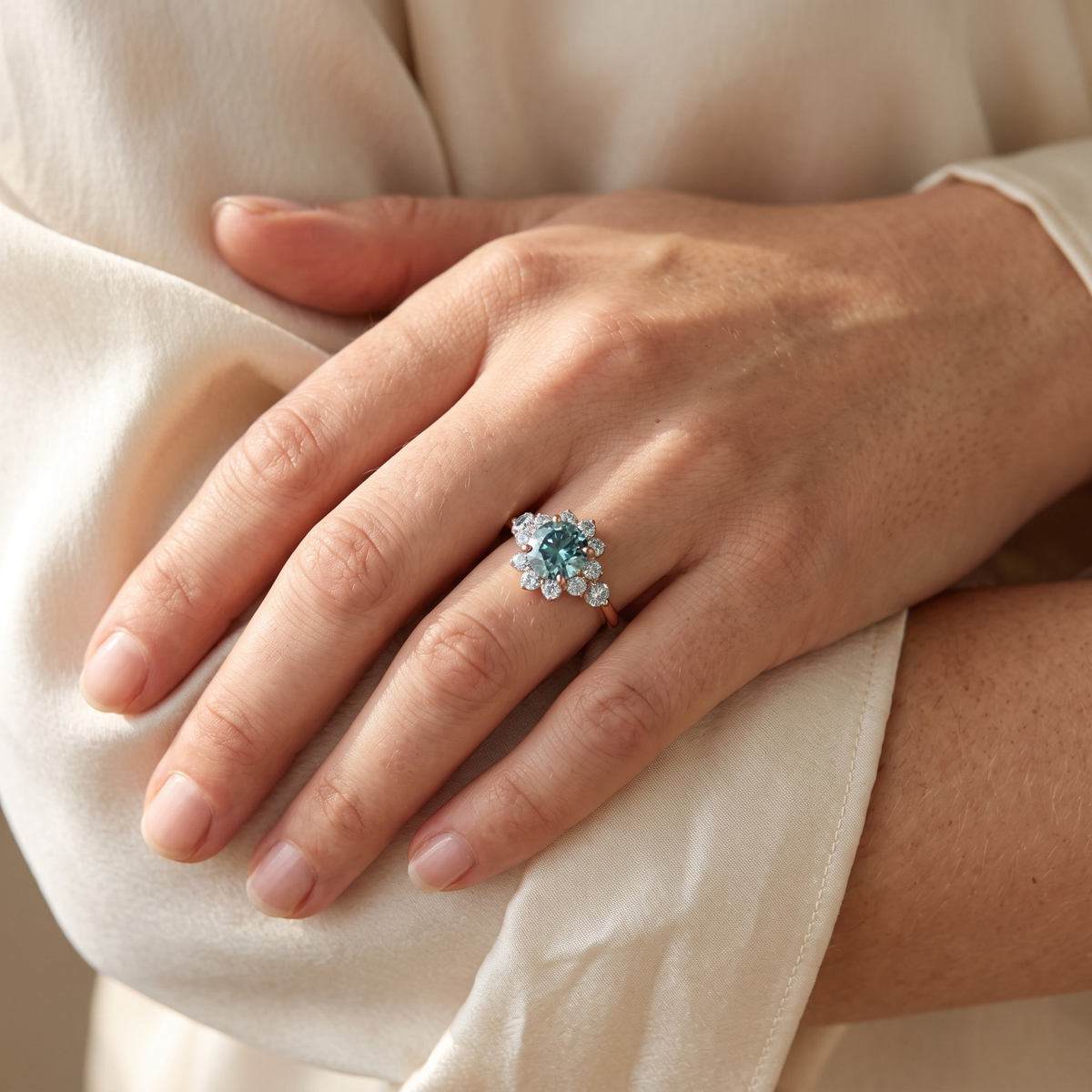 The Noelle rose gold ring worn on a model hand