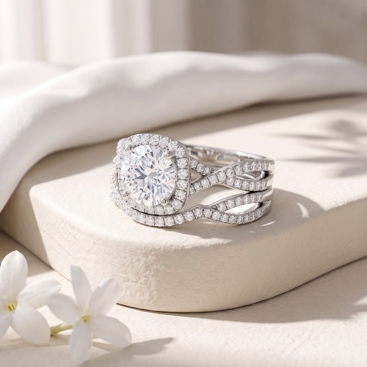 Round halo two-piece bridal ring set in silver, angled close-up