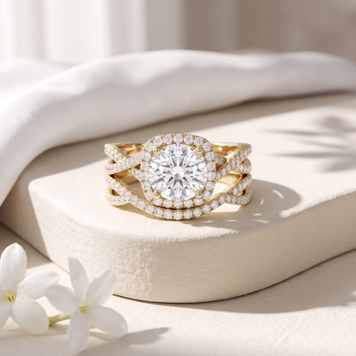 Round halo two-piece bridal ring set in yellow gold, isolated front view