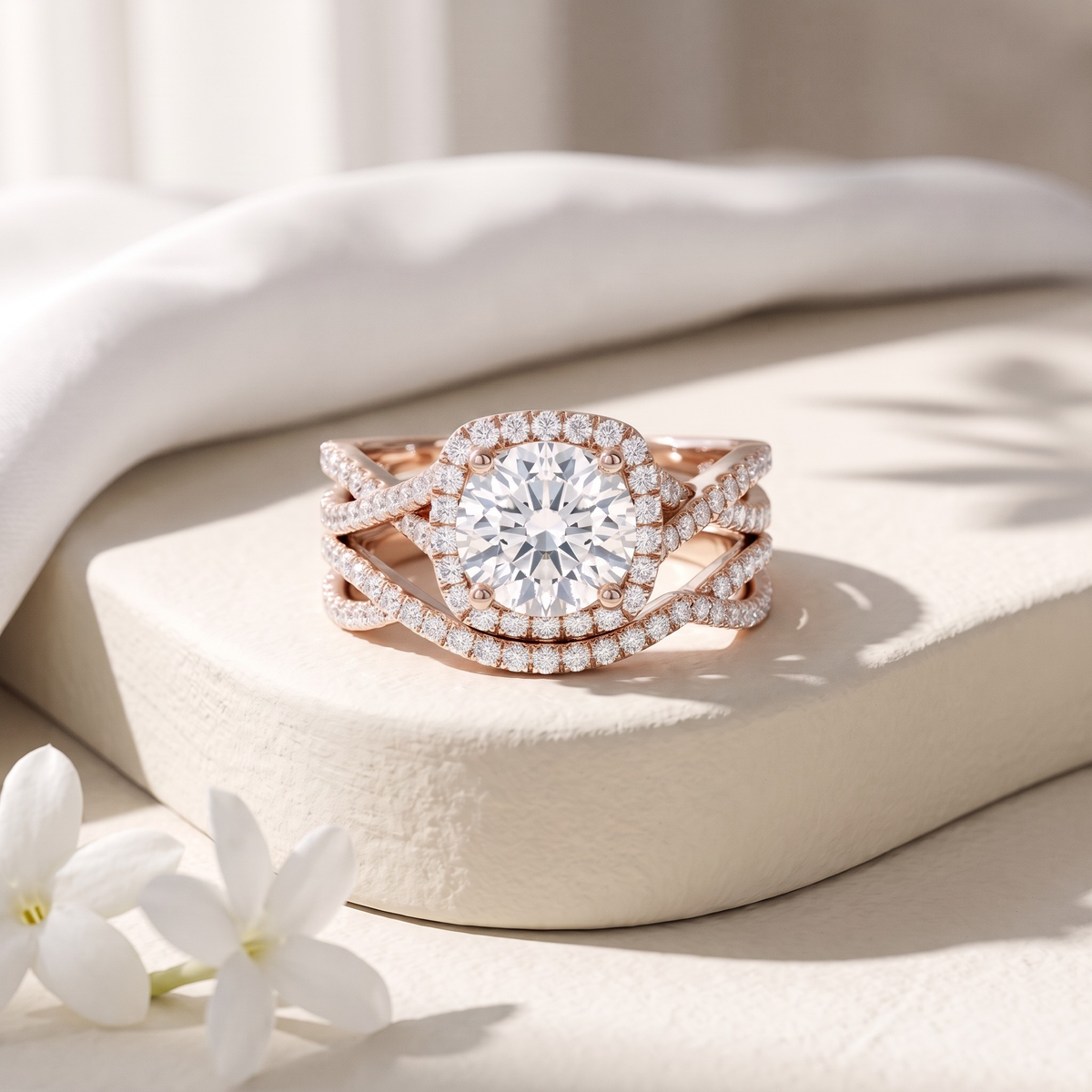 Round halo two-piece bridal ring set in rose gold, isolated front view