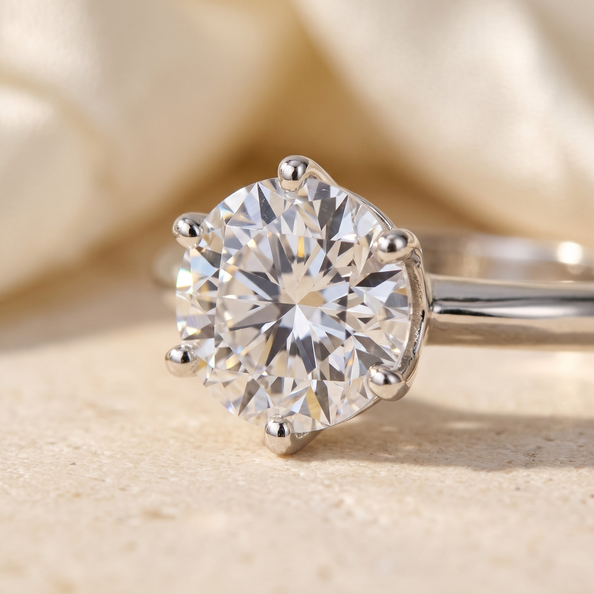 3CT brilliant round moissanite solitaire in silver, macro close-up