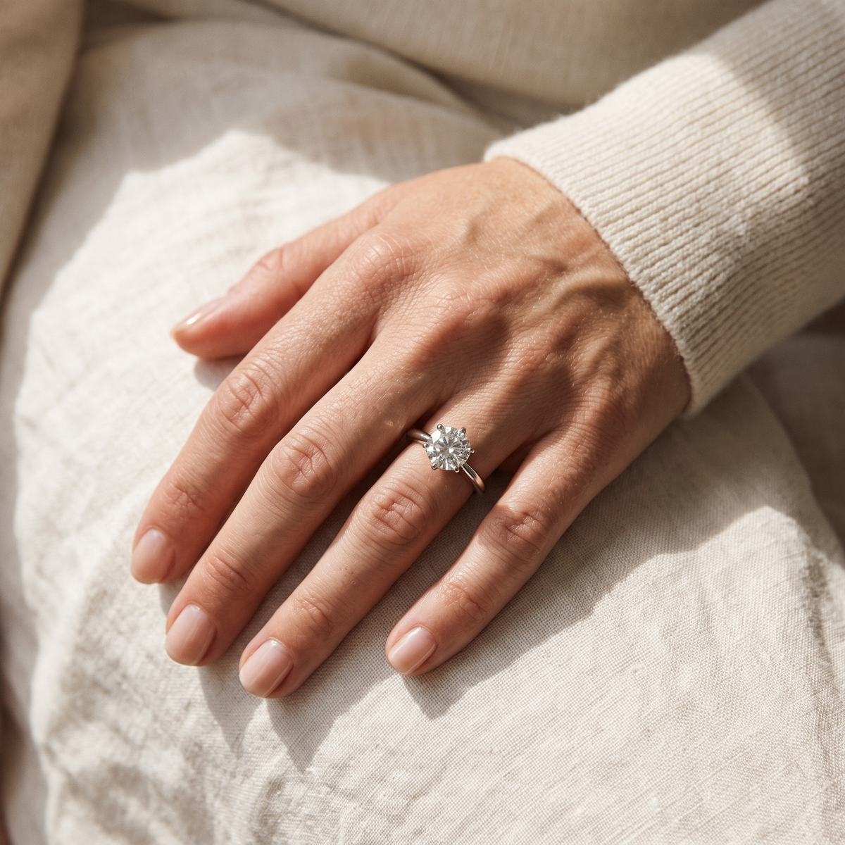 Silver 3CT round moissanite solitaire worn on a model hand