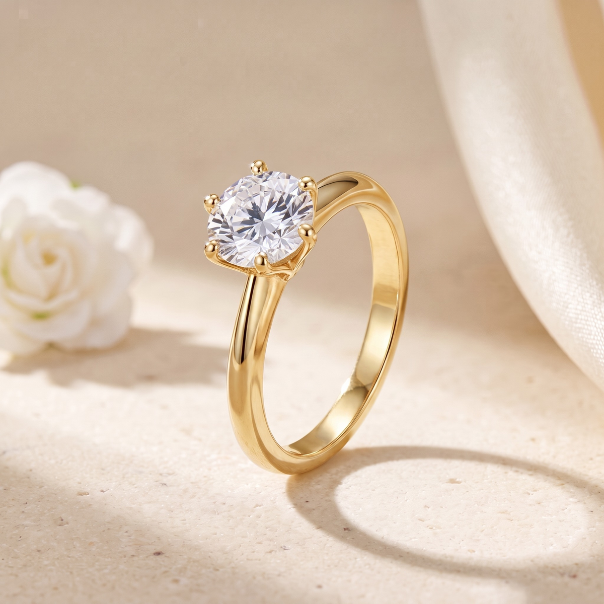 3CT brilliant round moissanite solitaire in yellow gold, isolated product view