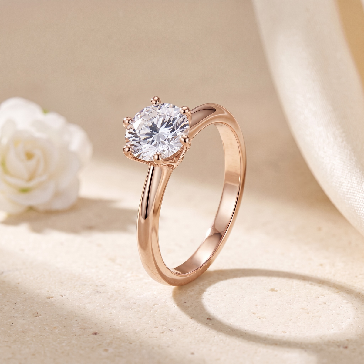 3CT brilliant round moissanite solitaire in rose gold, isolated product view