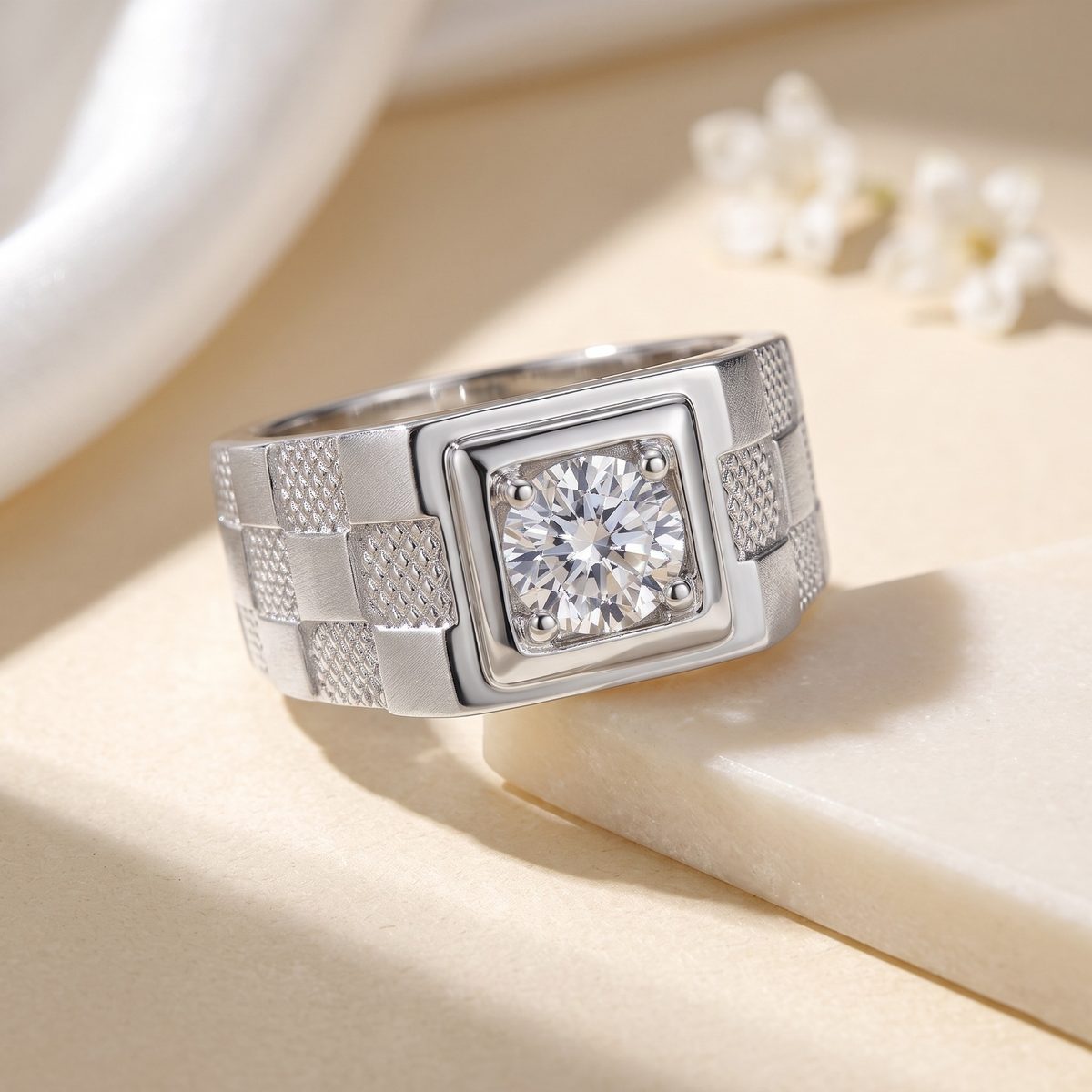 Men’s checkered moissanite ring in silver, isolated product view