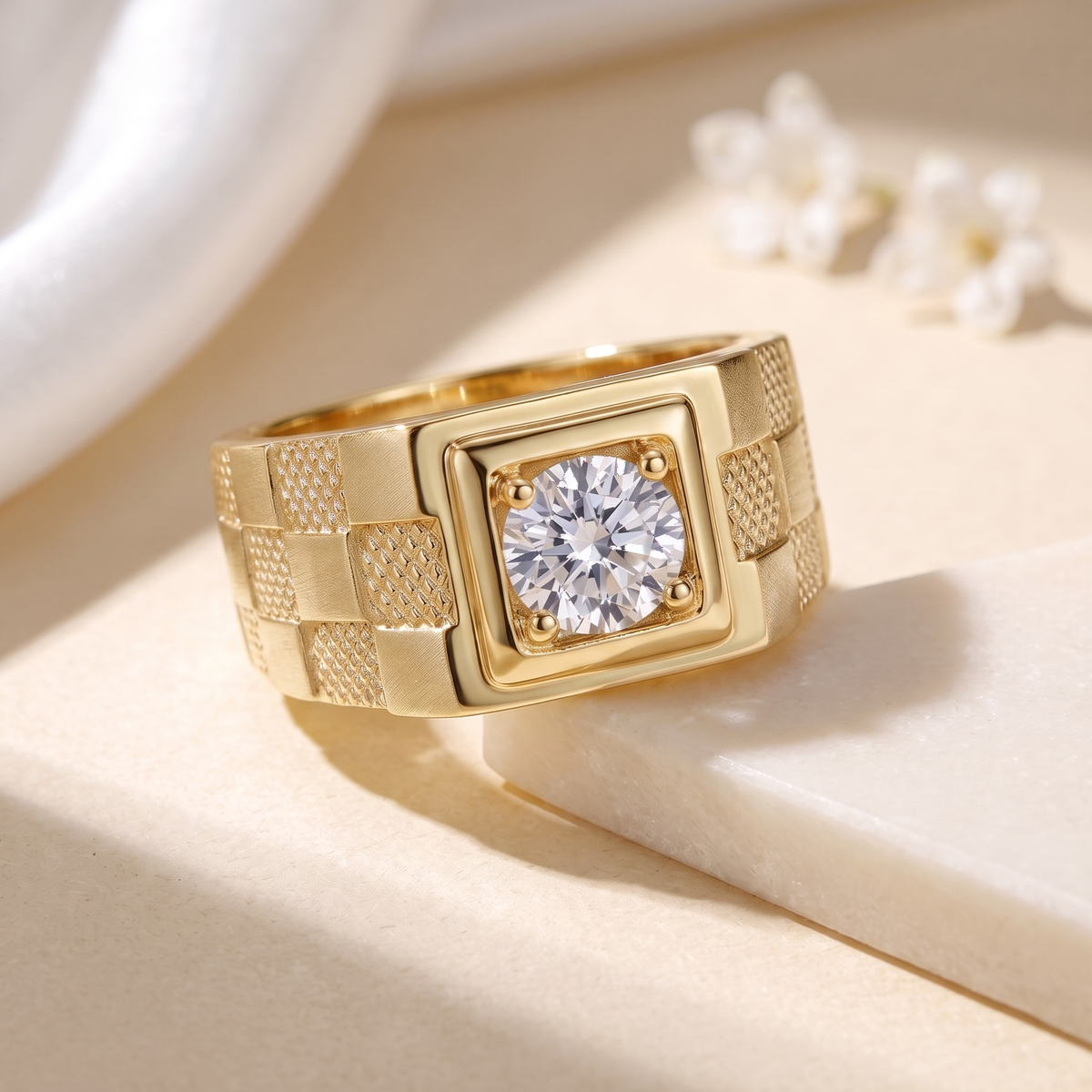Men’s checkered moissanite ring in yellow gold, isolated product view