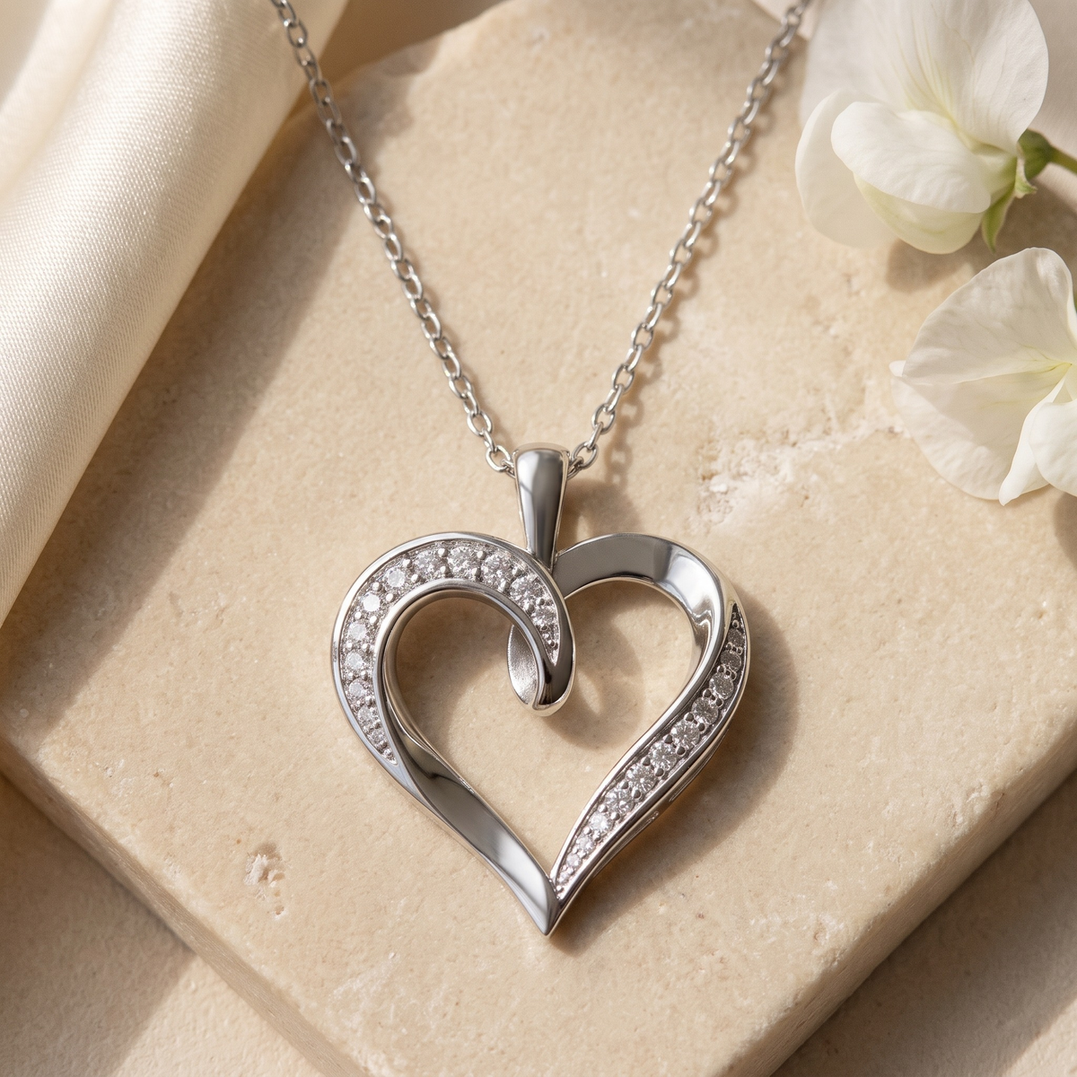 Diamond Ribbon Heart Pendant — Silver hero