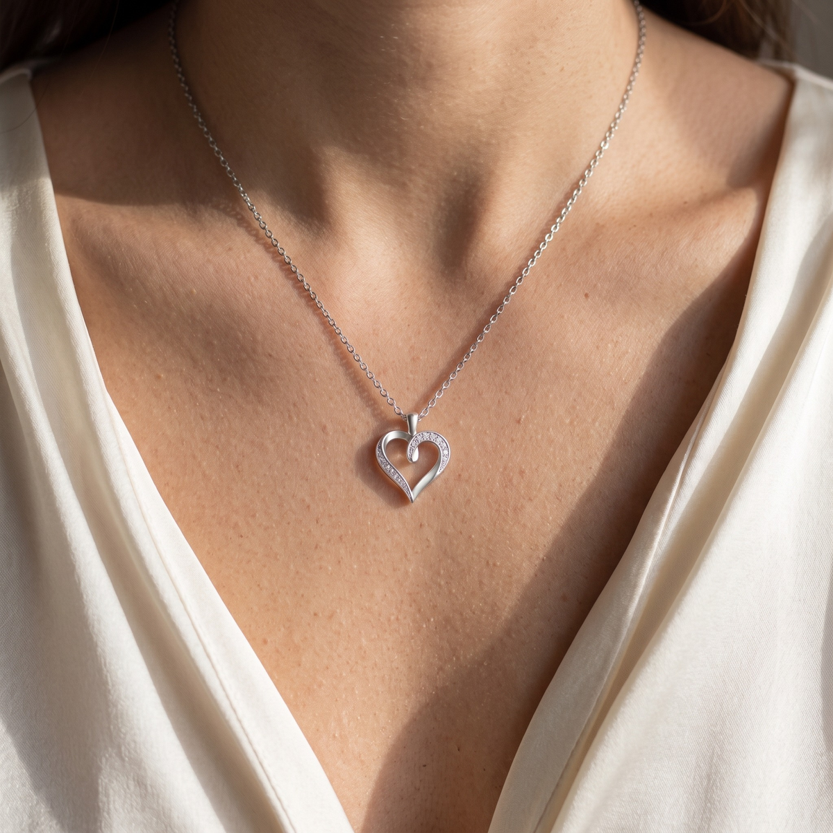 Diamond Ribbon Heart Pendant — Silver model closeup