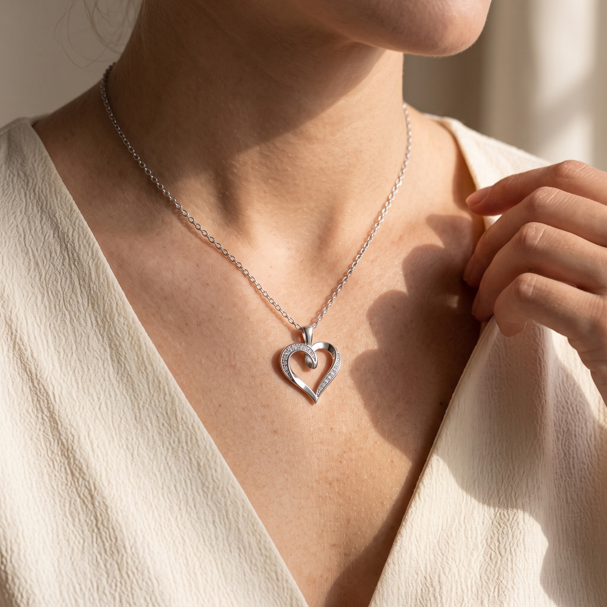Diamond Ribbon Heart Pendant — Silver model detail - no face