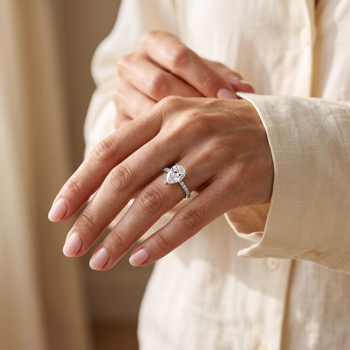 2CT Pear Cut Moissanite Eternity Ring — Silver model detail - no face