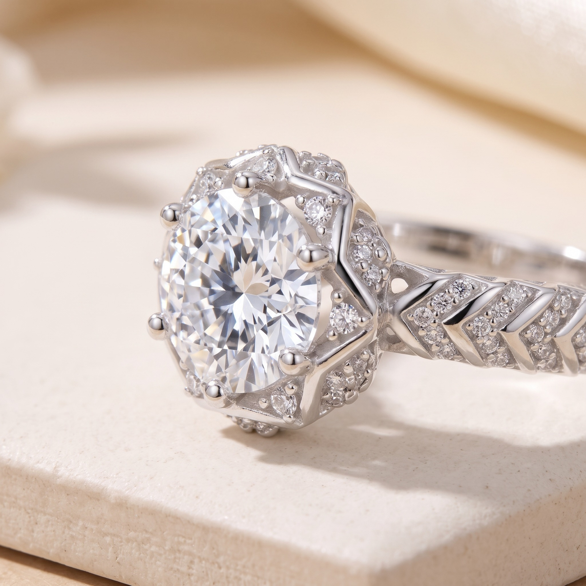 2CT Round Cut Halo Moissanite Ring — Silver 45-degree macro closeup