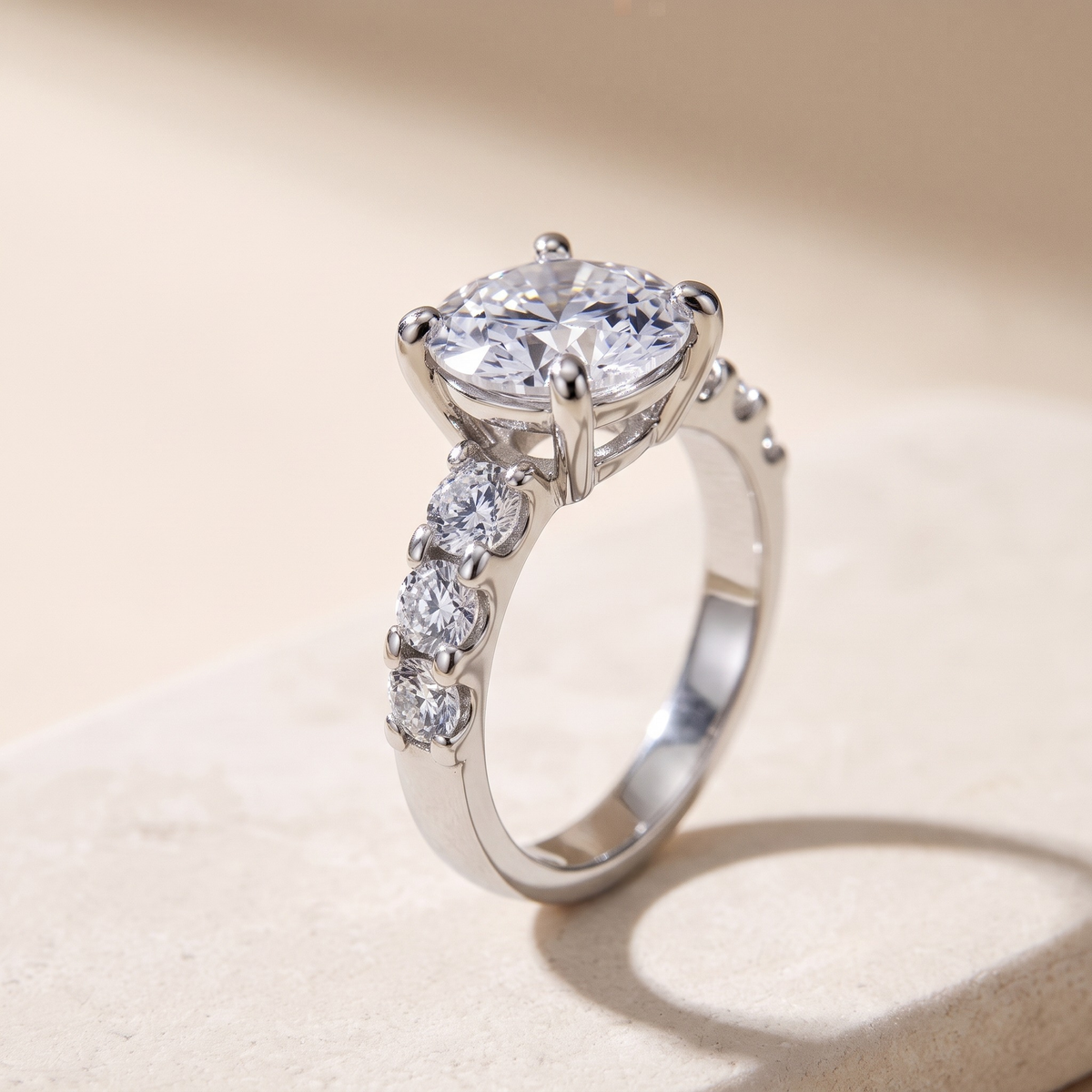 2CT Round Cut Eternity Moissanite Ring — Silver 45-degree macro closeup