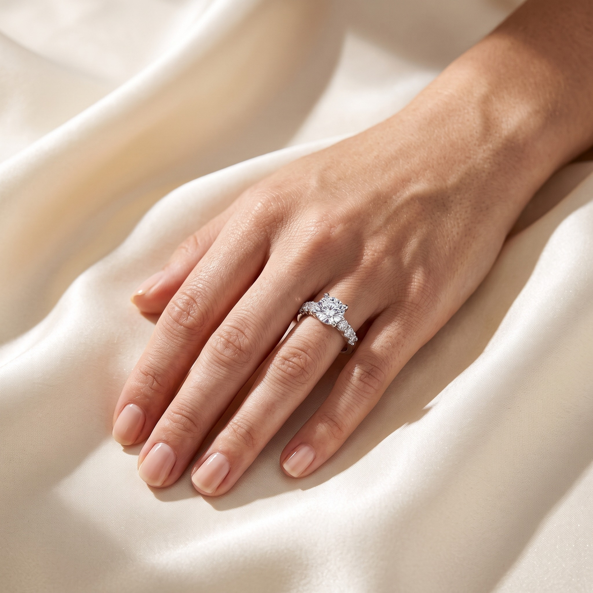 2CT Round Cut Eternity Moissanite Ring — Silver model closeup