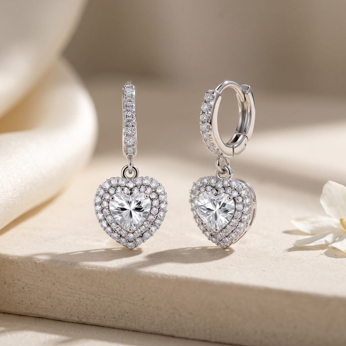 Elegant Diamond Heart Drop Earrings — Silver hero