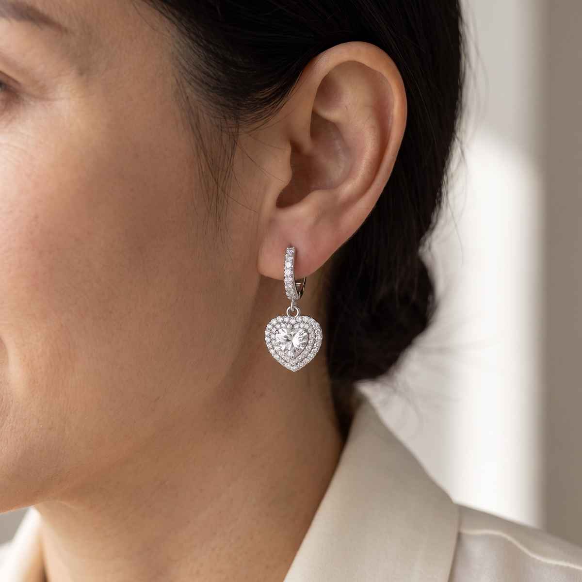 Elegant Diamond Heart Drop Earrings — Silver model closeup