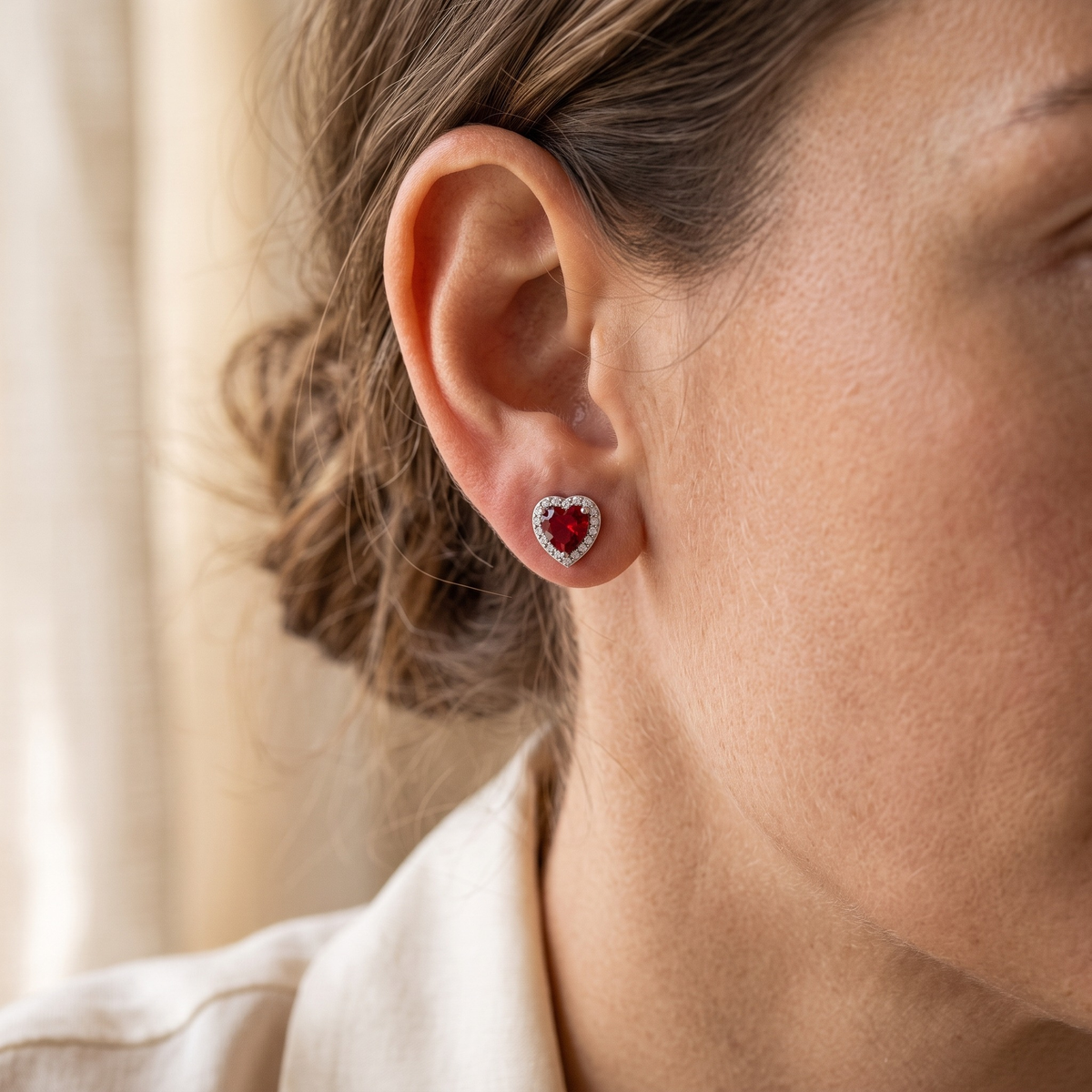 Red Diamond Heart Halo Earrings — Silver model closeup