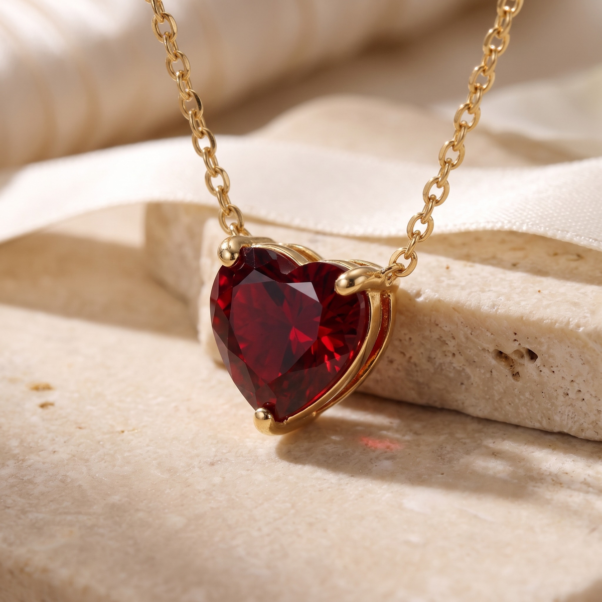 Royal Red Diamond Heart Necklace — Gold 45-degree macro closeup