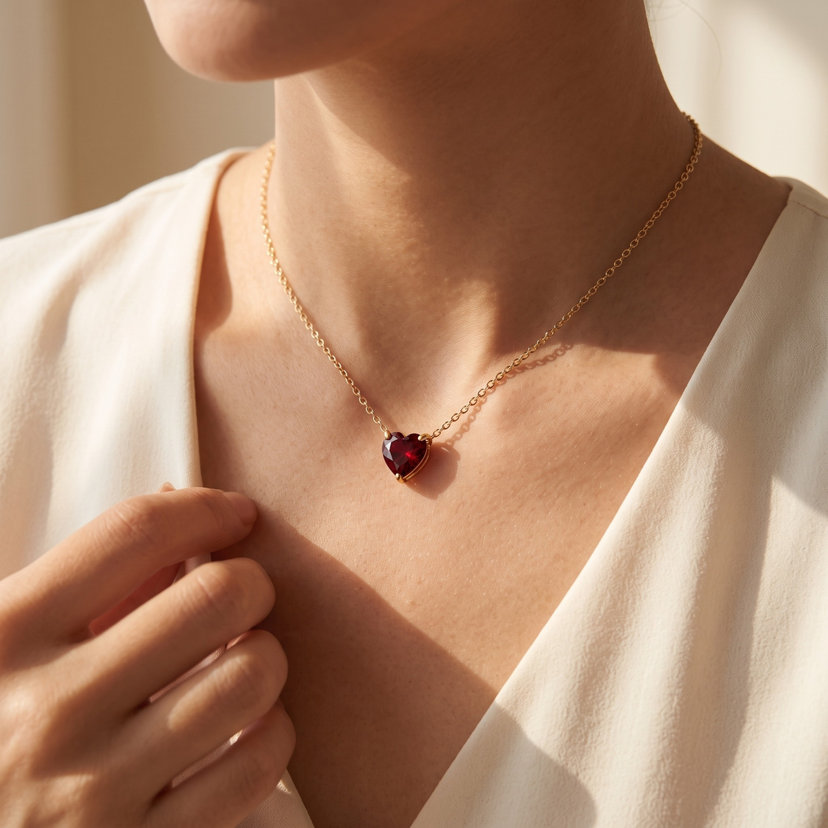 Royal Red Diamond Heart Necklace — Gold model detail - no face