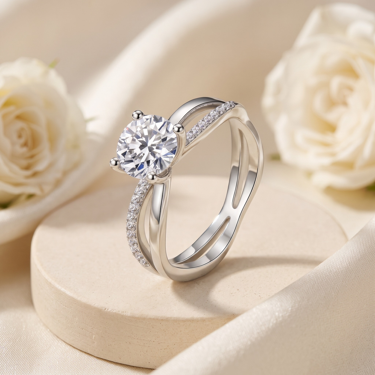 Twist pavé round moissanite ring in silver, angled closeup.