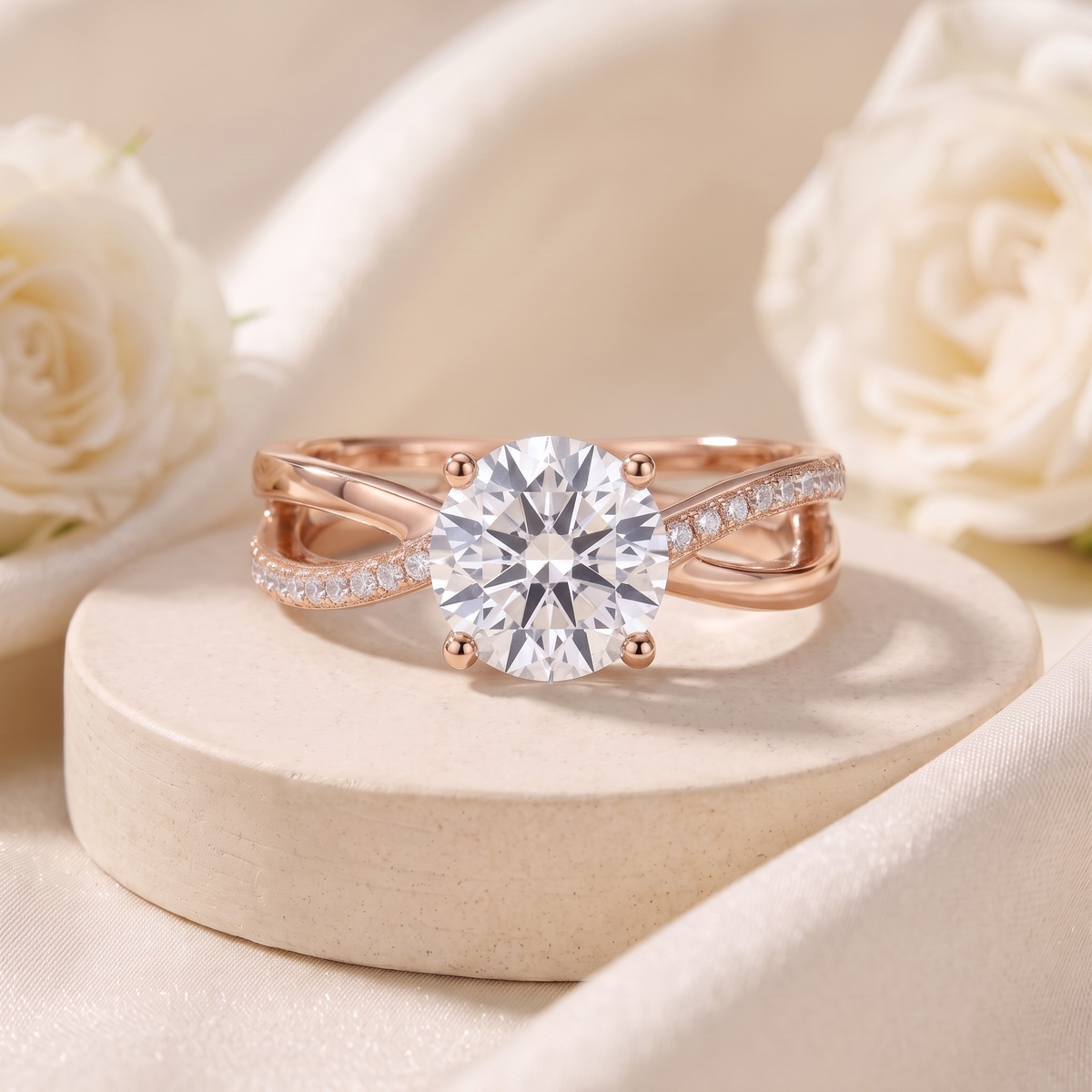 Twist pavé round moissanite ring in rose gold, front product view.
