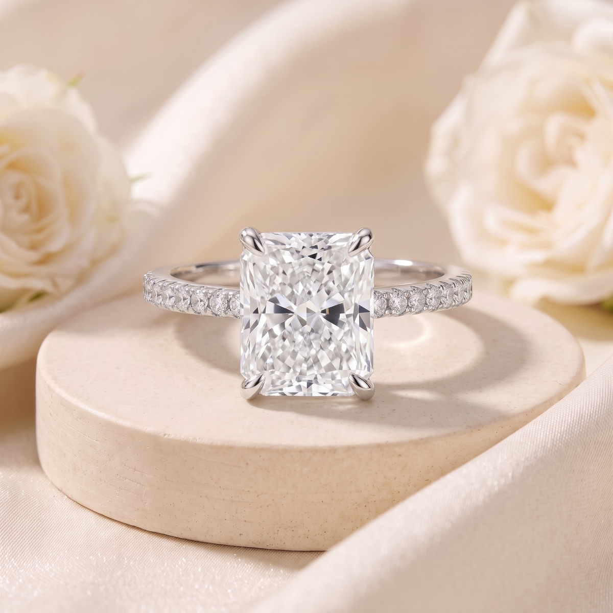 Radiant-cut moissanite ring in silver, front product view.