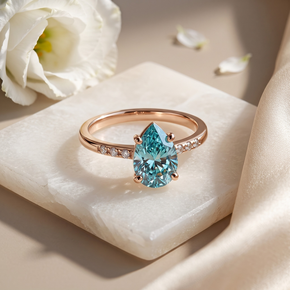 Marissa aqua-blue pear moissanite ring in rose gold, isolated front view
