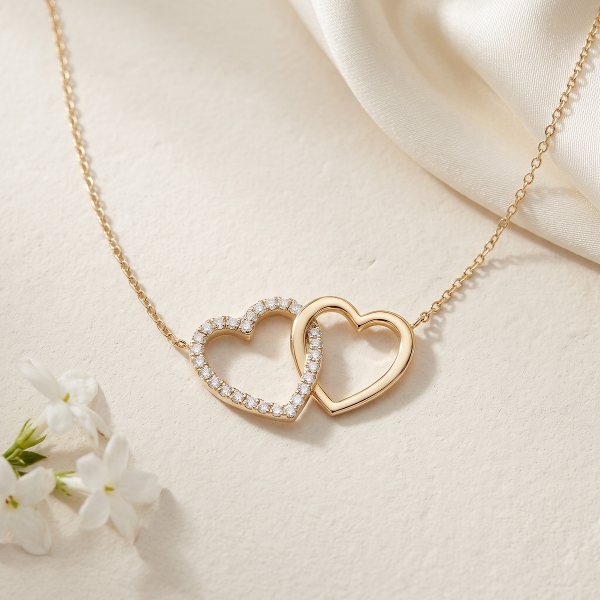 Interlocking heart necklace in yellow gold, isolated front view