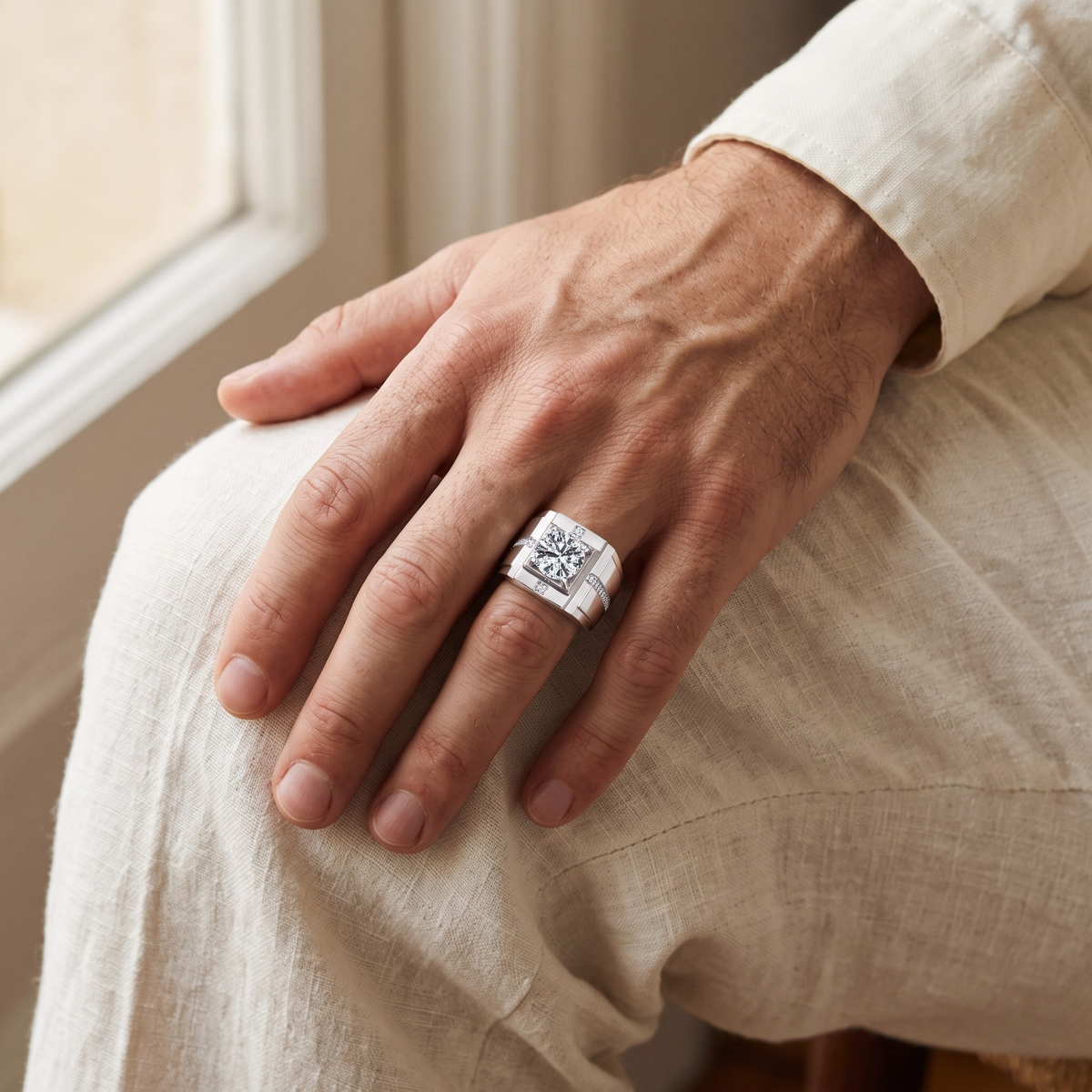 Men's bold round moissanite ring in silver, worn on a model's hand
