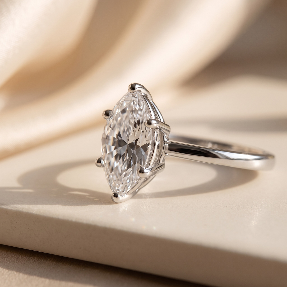1CT marquise moissanite solitaire in silver, macro close-up