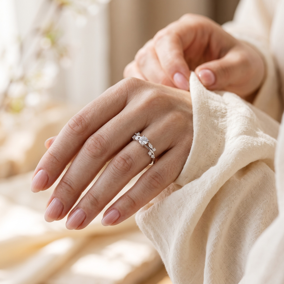 Silver vintage moissanite vine ring worn by a model, cuff detail