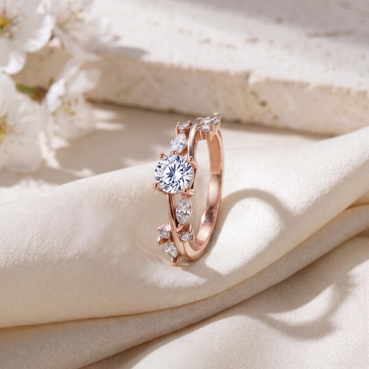 Vintage moissanite vine ring in rose gold, isolated product view