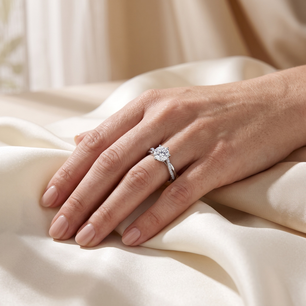 Silver twisting pavé moissanite ring worn on a model hand