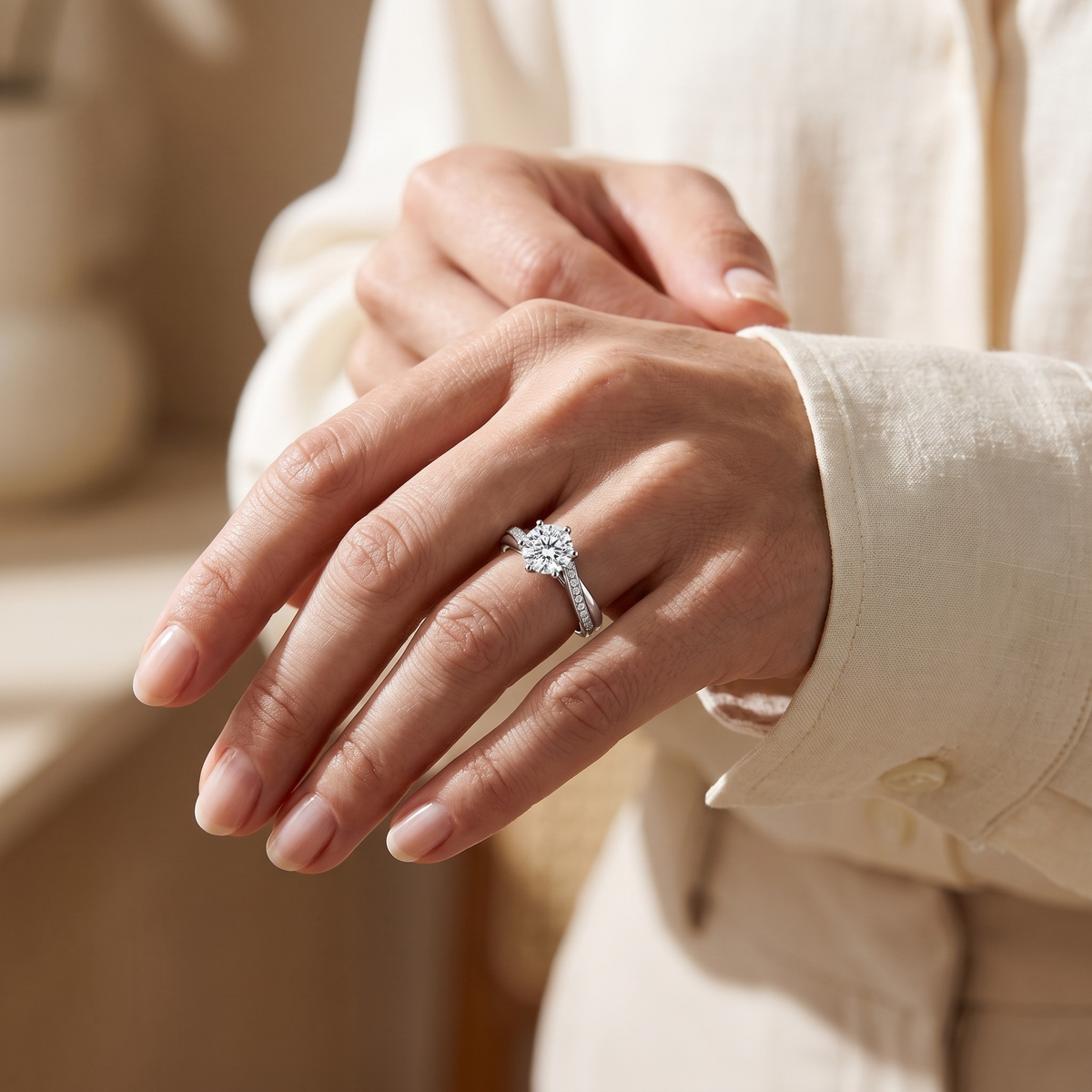 Silver twisting pavé moissanite ring worn by a model, cuff detail