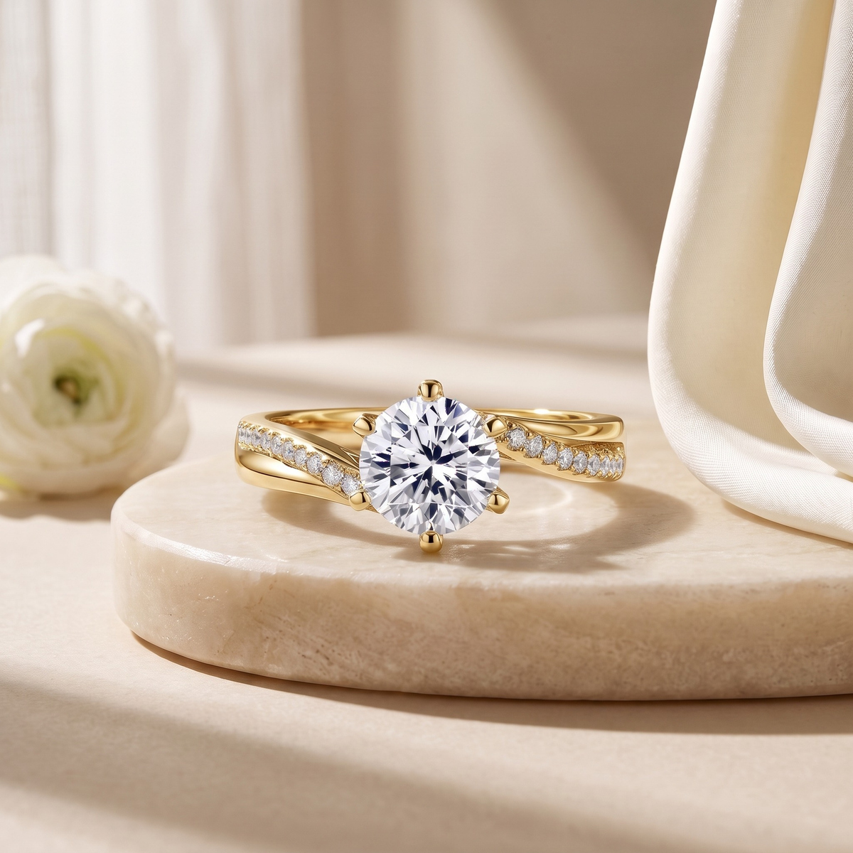 Twisting pavé round moissanite ring in yellow gold, isolated product view