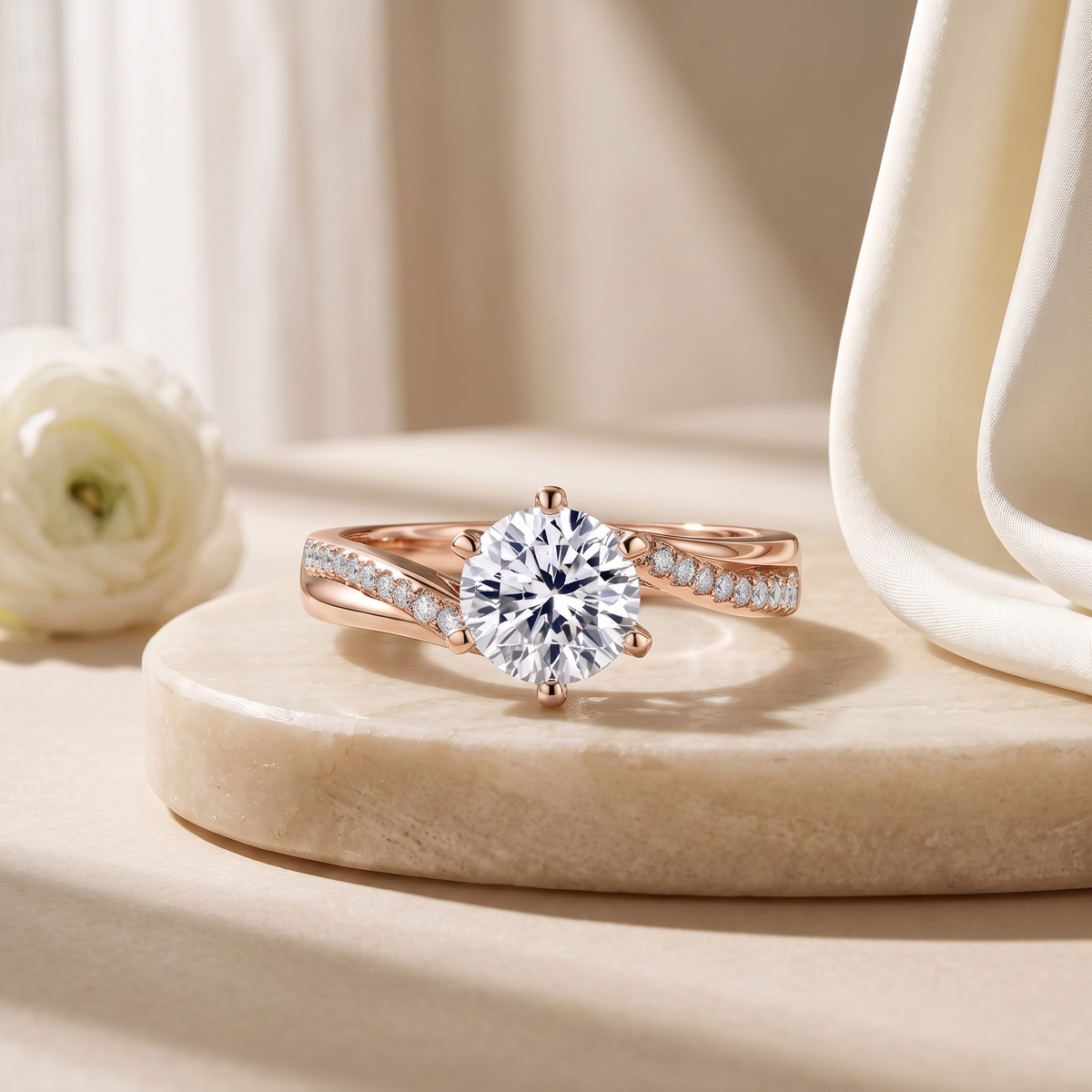 Twisting pavé round moissanite ring in rose gold, isolated product view