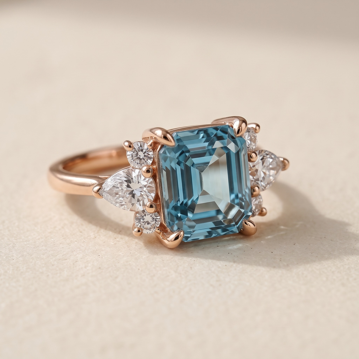 The Valencia blue moissanite ring in rose gold, macro close-up