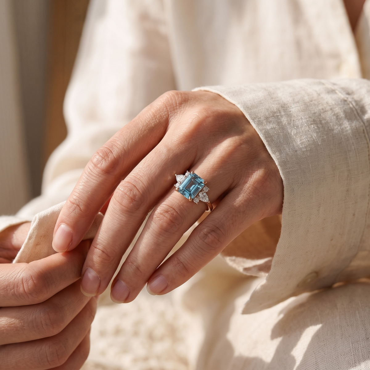 The Valencia rose gold blue moissanite ring worn by a model, cuff detail